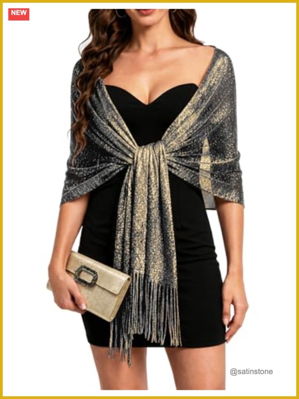 Women's Glitter Metallic Shawl Wrap for Evening Dresses with Buckle & Tassel